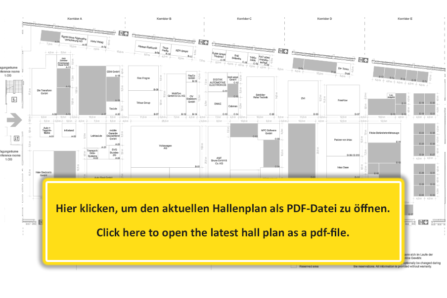 Zeichnung: Hallenplan mit text: Hier klicken, um den aktuellen Hallenplan als PDF-Datei zu öffnen